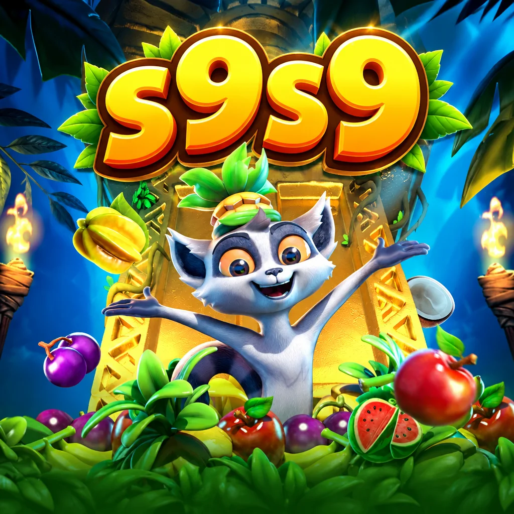 s9s9 Jungle Delight menampilkan karakter lemur ceria di antara buah-buahan tropis segar dan kuil emas