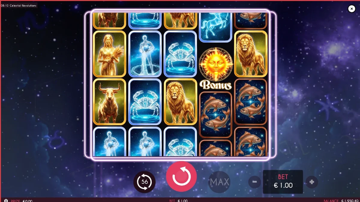 Tampilan visual slot Celestial Revolutions dengan tema zodiak dan kosmos