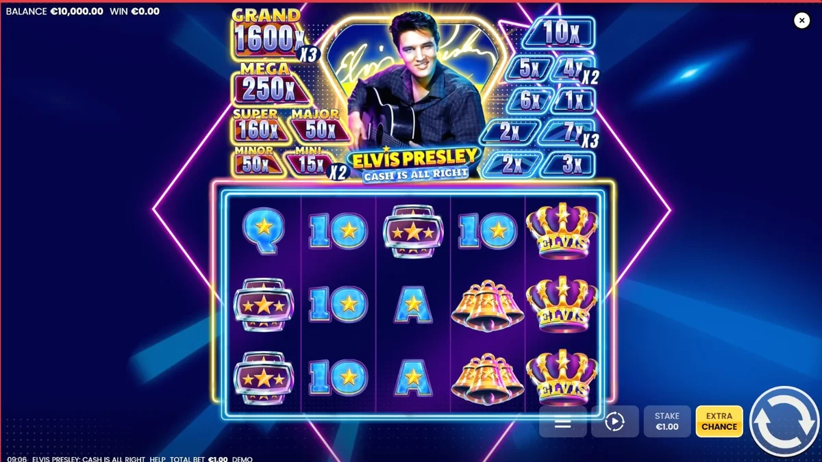 Tampilan visual neon retro dari slot Elvis Presley Cash is All Right
