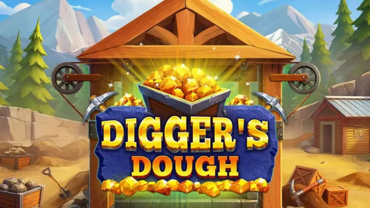 Seorang penambang kartun dengan keledai di depan gua emas dalam permainan slot Digger’s Dough
